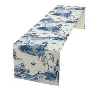 JanJCurt Vintage Ink Table Runner, Asian Oriental Chinoiserie Mountains Trees Landscape Kitchen Dining Table Decoration for Indoor Outdoor Home Party Decor, 13x70inch