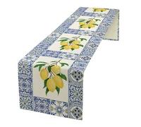 JanJCurt Yellow Lemon Table Runner, Blue Tiles Summer Holiday Tasty Fruit Healthy Fruit Vintage Watercolor Rustic Botanic Table Cover for Party Picnic Dining Room Kitchen, 13x36inch