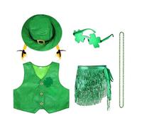 JanJean 2 Pcs St. Patrick's Day Leprechaun Costume Set Hat Sequin Vest Green Shamrock Clover Accessories 5Pcs Set 7-9 Years