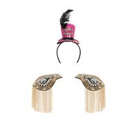 JanJean Adults Soldier Feather Mini Top Hat Headband With Tassel Chain Epaulet For Ringmaster Circus Carnival Party Gold Rose Red One Size