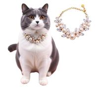 JanJean Bling Dog Collar Adjustable Rhinestone Pearl Necklace Glamorous Gold Chain Collar For Wedding Birthday Festivals White L