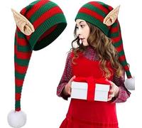 JanJean Christmas Elf Hat with Floppy Ears Long Striped Crochet Beanie with Jingle Bell Pompom Costume Accessory Kids Red Green One Size