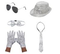 JanJean Complete 70s Disco Party Kit for Unisex Shiny Sequin Set Includes Hat Bow Tie Gloves Tie And Sunglasses Outfits Silver One Size