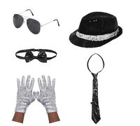 JanJean Complete 70s Disco Party Kit for Unisex Shiny Sequin Set Includes Hat Bow Tie Gloves Tie And Sunglasses Outfits Black Silver One Size