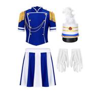 JanJean Kids Girls Boys Drum Band Major Uniform for Party Blue 11-12 Years | Back Invisible Zipper,4 Pieces Drummer Sets,Short Sleeve,Top Skirts with Hat Gloves,Button Decorate,Chain Front