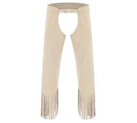 JanJean Men's Western Cowboy Chaps Open Crotch Buttless Fringe Assless Western Motorcycle Chaps Pants Beige L