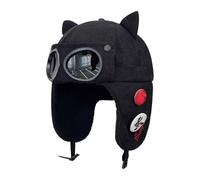 JanJean Retro Aviator Hat with Built-in Goggles Adorable Cat Ears Thickened Winter Caps with Warm Ear Flap for Men Women Black One Size