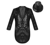 JanJean Sequin Dress Suit Blazer For Boys Kids Shiny Tuxedo Tailcoat Party Jacket Lapel Dance Performance Costume Black 11-12 Years