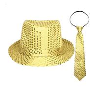 JanJean Sequin Fedora Hat And Pre-tie Necktie Rock Jazz Cap Retro Disco Halloween Party Shiny Props Costume Accessory For Kids Adult Gold S