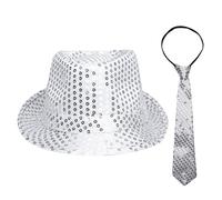 JanJean Sequin Fedora Hat And Pre-tie Necktie Rock Jazz Cap Retro Disco Halloween Party Shiny Props Costume Accessory For Kids Adult White L