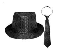 JanJean Sequin Fedora Hat And Pre-tie Necktie Rock Jazz Cap Retro Disco Halloween Party Shiny Props Costume Accessory For Kids Adult Black S