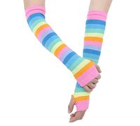 JanJean Women Gloves & Socks Set Colorful Rainbow Stripe Knit Fingerless Long Gloves Arm Warmer Thigh High Stockings Costume Party Accessory Pink Gloves