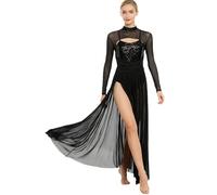 JanJean Women Modern Lyrical Dance Costume Long Sleeve Sequin Sheer Mesh Tulle Split Maxi Dress Black L