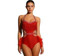 JanJean Women Sparkly Rhinestone Halter Sleeveless Feather Latin Jazz Ballet Dance Skirted Leotard