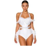 JanJean Women Sparkly Rhinestone Halter Sleeveless Feather Latin Jazz Ballet Dance Skirted Leotard White S