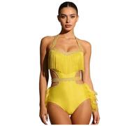 JanJean Women Sparkly Rhinestone Halter Sleeveless Feather Latin Jazz Ballet Dance Skirted Leotard Yellow M