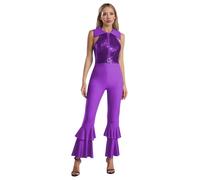 JanJean Womens Sequins Sleeveless Jumpsuit Turn-Down Collar Tiered Bell-Bottom Bodysuit Disco Rompers Purple XL