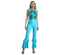 JanJean Womens Sequins Sleeveless Jumpsuit Turn-Down Collar Tiered Bell-Bottom Bodysuit Disco Rompers Bluegreen 3XL