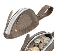 JANKINGS Mouse-Shaped PU Leather Coin Purse, Brown Mini Zipper Change Pouch with Carry Loop, Cute Animal Wallet for Women, 1-Pack