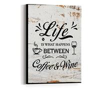 JANLAN Retro Style Coffee Quote Life is What Happens Between Coffee and Wine Canvas Prints Wall Art-Coffee Signs Wall Art-Coffee Bar Wall Decor Accessories-Coffee Lovers Gift for Women and Men