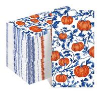 Janlaugh 100 Pack Fall Pumpkin Paper Napkins Elegant Pumpkin Blue Toile Floral Vintage Print, Chinoiserie Autumn Disposable Guest Napkins Hand Towels for Thanksgiving Luncheon Harvest Dinner Table