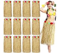 Janmercy 12 Pack Natural Raffia Luau Hula Skirt Hawaiian Tropical Flower Grass Outfit for Party Decoration Halloween Costume, Stylish Color, 31.5 Inch