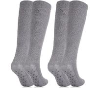 Janmercy 2 Pairs Non Slip Crew Socks Hospital Socks with Grips Cozy Fuzzy Slipper Knee High Stocking for Women, Men