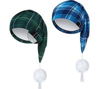 Janmercy 2 Pcs Sleeping Cap for Men Adjustable Sleep Cap Men Buffalo Plaid Night Hat with Ball Tassel for Winter Christmas, Black Green, Blue Green, 21.6-23.6 inches