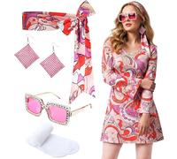 Janmercy 5 Pcs 70s Disco Outfit for Women Hippie Costumes Accessories 70s 80s Halloween Decades Party Cosplay, Pink, Large