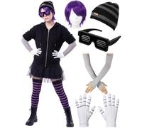 Janmercy 6 Pcs Halloween Killer Robot Costume Accessory Set, Purple Wig, LED Pink Glasses, Striped Beanie, White Glove, Gray Arm Sleeve, Hair Ties, Halloween Cosplay Mechanical Dress up Party Supplies