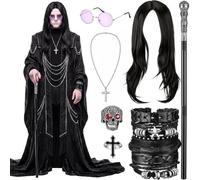 Janmercy 7 Pcs Heavy Metal Rock Costume Accessories for Men, Long Black Wig with Purple Round Glasses Cross Necklace Gothic Cane Punk Bracelet Skull Rings Cross Rings Halloween Rock Star Cosplay Kit