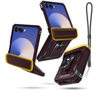 Janmitta Compatible with Samsung Galaxy Z Flip 7 Case+Hinge Protection+Ring Kickstand,Heavy Duty Full Body Phone Cover with Wrist Strap Lanyard,2025 Wine Red