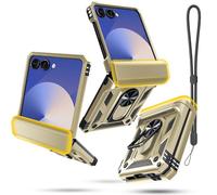 Janmitta Compatible with Samsung Galaxy Z Flip 7 Case+Hinge Protection+Ring Kickstand,Heavy Duty Full Body Phone Cover with Wrist Strap Lanyard,2025 Gold