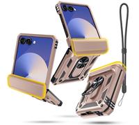 Janmitta Compatible with Samsung Galaxy Z Flip 7 Case+Hinge Protection+Ring Kickstand,Heavy Duty Full Body Phone Cover with Wrist Strap Lanyard,2025 Rose Gold