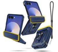 Janmitta Compatible with Samsung Galaxy Z Flip 7 Case+Hinge Protection+Ring Kickstand,Heavy Duty Full Body Phone Cover with Wrist Strap Lanyard,2025 Blue