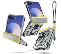 Janmitta Compatible with Samsung Galaxy Z Flip 7 Case+Hinge Protection+Ring Kickstand,Heavy Duty Full Body Phone Cover with Wrist Strap Lanyard,2025 Silver