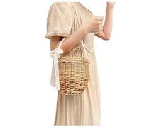 Janmobrian Beach Bag, Beach Bags for Women Retro Woven Bamboo Bag Handmade Rattan Straw Bucket Vegetable Basket Handbag with Flap Cover Beach Barrel Bag(Type 2)