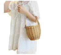 Janmobrian Beach Bag, Beach Bags for Women Retro Woven Bamboo Bag Handmade Rattan Straw Bucket Vegetable Basket Handbag with Flap Cover Beach Barrel Bag(Type 1)
