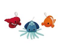 Janod - 3 Bath Toys for Children - Learn to Wash - Educational Bath Toys - Lobster, Clownfish, and Fabric Squid - Ages 10 Months and Up - J04731
