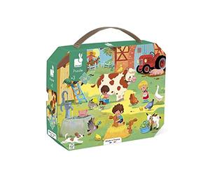 Janod - 3 Years+ - 24-Piece ‘At the Farm’ Children’s Puzzle - Educational Game - Fine Motor Skills & Concentration - Suitcase-Shaped Box w/ Handle - Made in France and FSC-Certified - J02603