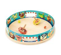 Janod - Applepop Spinning Top Arena - Children’s Game of Skill - 1 Arena + 2 Spinners with Launchers + 2 Glass Marbles - Develops Dexterity - FSC Wood Toy - 4 Years +, J03355