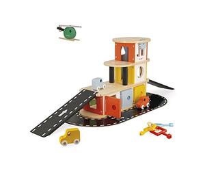 Janod - Bolid Solid Wood Garage - 3 Cars & 1 Helicopter Included - Key Box Function - Imagination & Fine Motor Skills - FSC-Certified - Water-Based Paints - 2 Years +, J04636