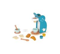 Janod - Breakfast Set - Wooden Coffee Machine + 14 Accessories - 3 Capsules, Spoons, Cups and Saucers, Pastries - from 3 Years Old, J06599, White