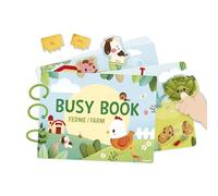 Janod, Busy Book Farm, French-English Activity Book, Ages 3+ | 18 Activity Pages and 158 Repositionable Pieces, Numbers and Alphabet, Fine Motor Skills, FSC Laminated Cardboard, 27 x 21 Cm