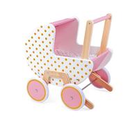 Janod - Candy Chic Wooden Pram - with Pillow and Blanket - Quiet Rubber Wheels - Removable Anti-Tip System - Baby Accessories - from 18 Months Old, J05886, Pink/White