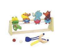 Janod - Children's Wooden Shooting Stand - Target Game - 4 Characters - 1 Launcher - 2 Felt Balls - Develops precision and concentration - Wooden toy FSC- From 5 years - J03372