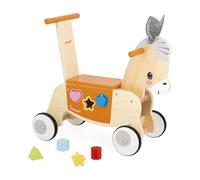 Janod - Donkey Wooden Carrier with Integrated Shape Box - Trotter Function - Silent Wheels - Balance and Motor Skills Training - FSC Wooden Development Toy - From 12 Months, J03325