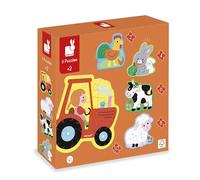 Janod, Farm Progressive Puzzles, 2 to 10 Pieces, Ages 2+ | 5 Progressive Puzzles, Colour-Coded Backgrounds, FSC Laminated Cardboard, Fine Motor Skills and Logic