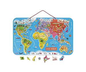 Janod J05490 Wooden Magnetic World Map Puzzle 92 pieces, German Version