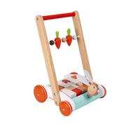 Janod - Janod Rabbit Cart - Wooden Push Cart - Rabbit Head On Spring, Carrots On Abacus - with 19 Wooden Cubes - from 1 Year Old, J08251